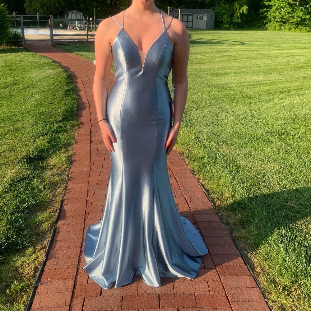 Never worn, backless, metallic blue prom dress